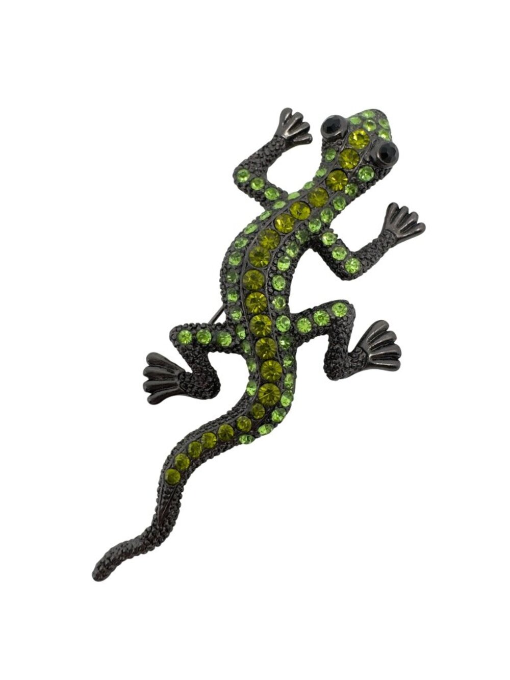 Vtg Lizard Gecko Brooch Pin Green Rhinestones Black Eyes Gunmetal Tone 3"